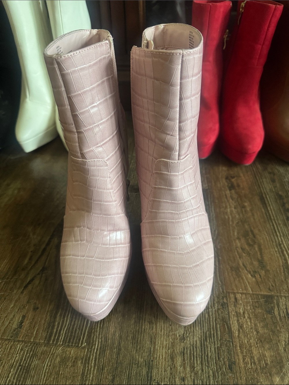 Shoe Dazzle Croc-Embossed Pointed Ankle Booties in Light Pink